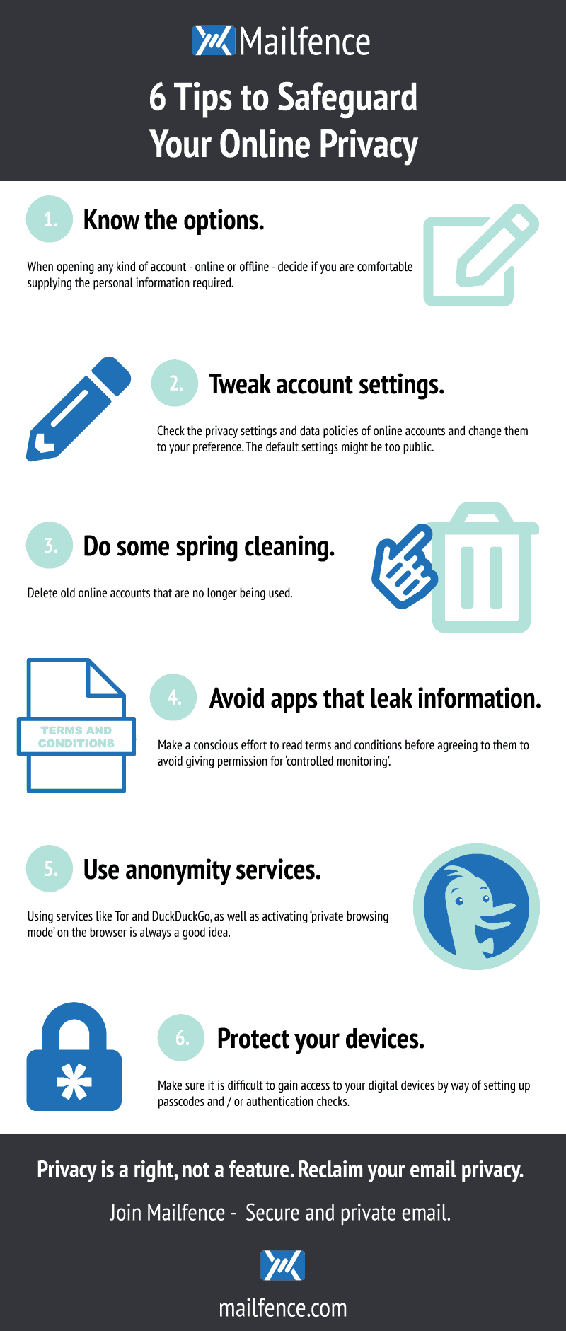 Un infográfico con 6 consejos sencillos para proteger su privacidad en internet.