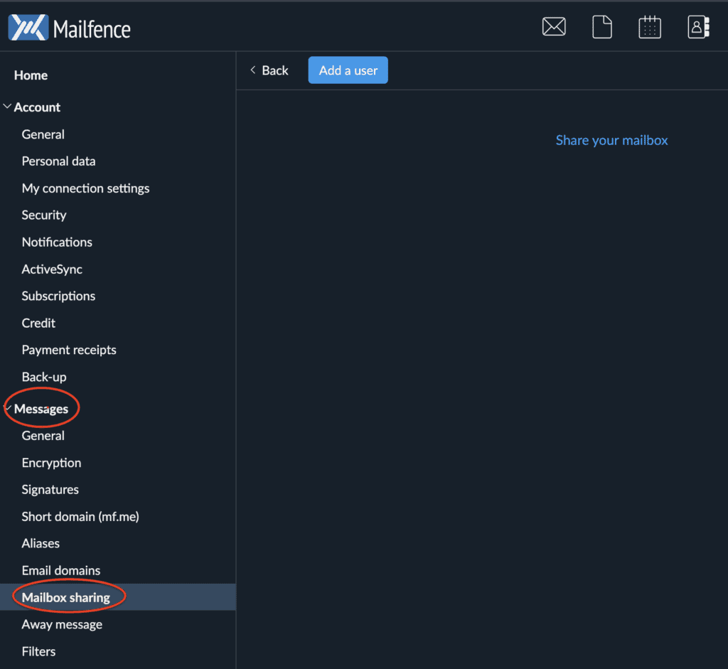Mailfence settings menu with Mailbox sharing selected under the Messages section, and the Add a user button highlighted in the right panel.