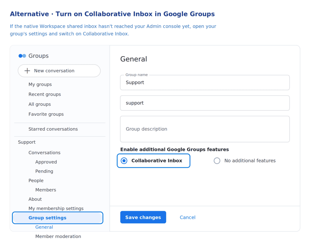 Google Groups settings page with Group settings selected in the left sidebar and the Collaborative Inbox radio button selected under additional Google Groups features.