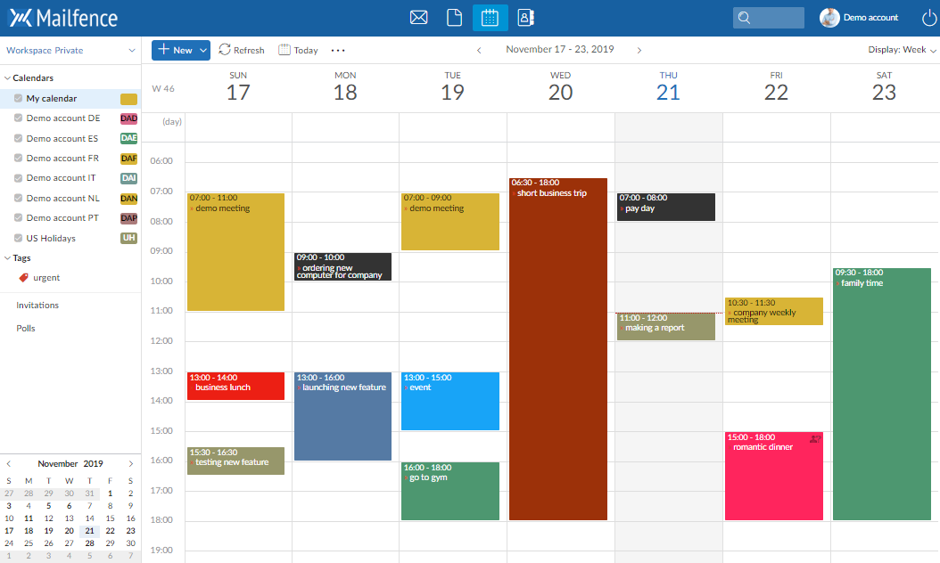 Mailfence Calendar interface