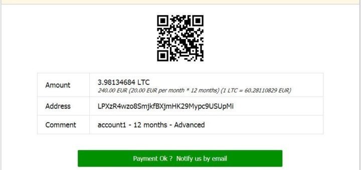 Interface de souscription pour les paiements en Litecoin