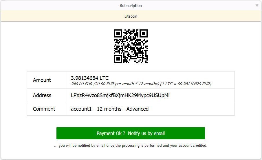 Interface de assinatura para um plano Mailfence com pagamento no Litecoin
