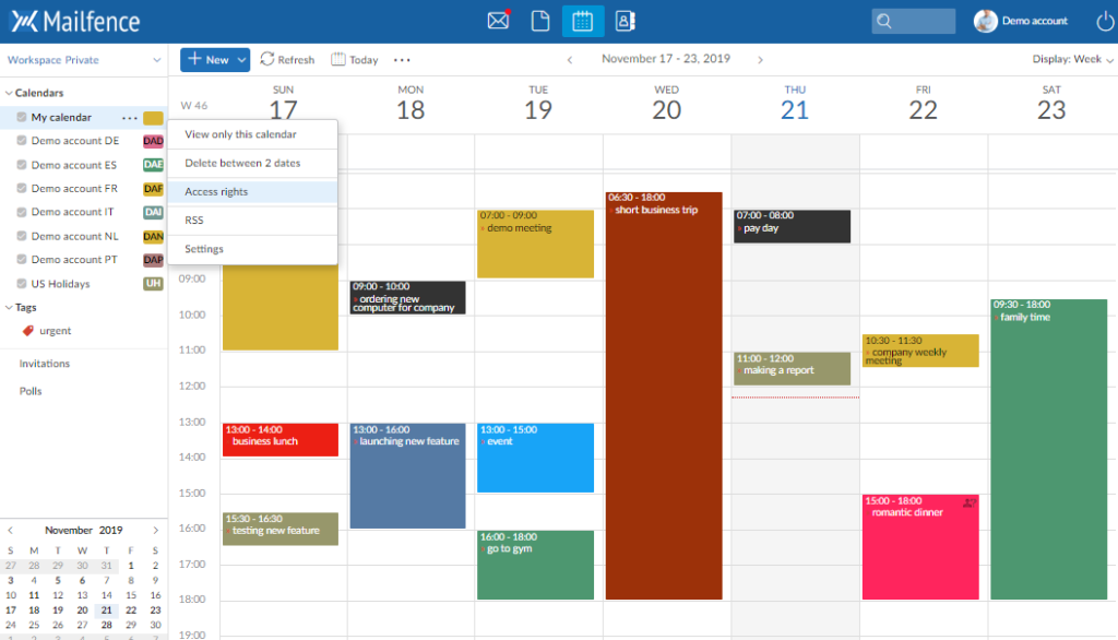 Mailfence Kalender interface 