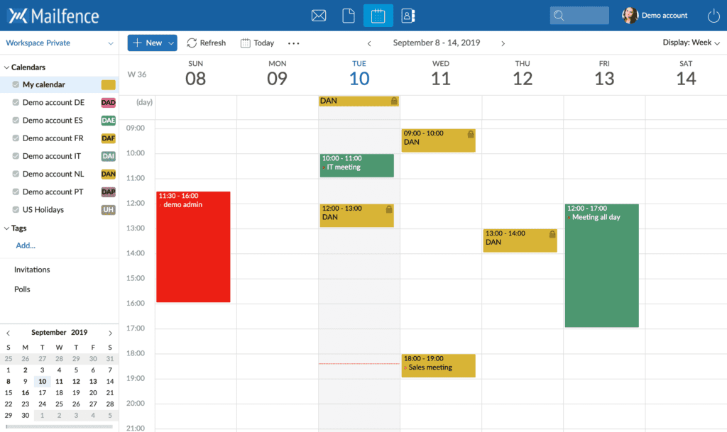 Nova interface gráfica do usuário Mailfence para a ferramenta Calendário