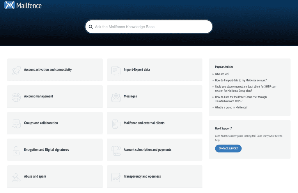 Base de conhecimento de suporte do screendump mailfence