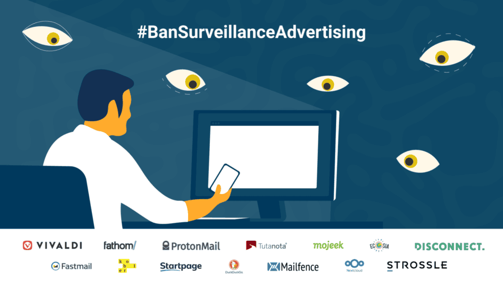 Illustration de la campagne #BanSurveillanceAdvertising (Interdire la publicité basée sur la surveillance)
