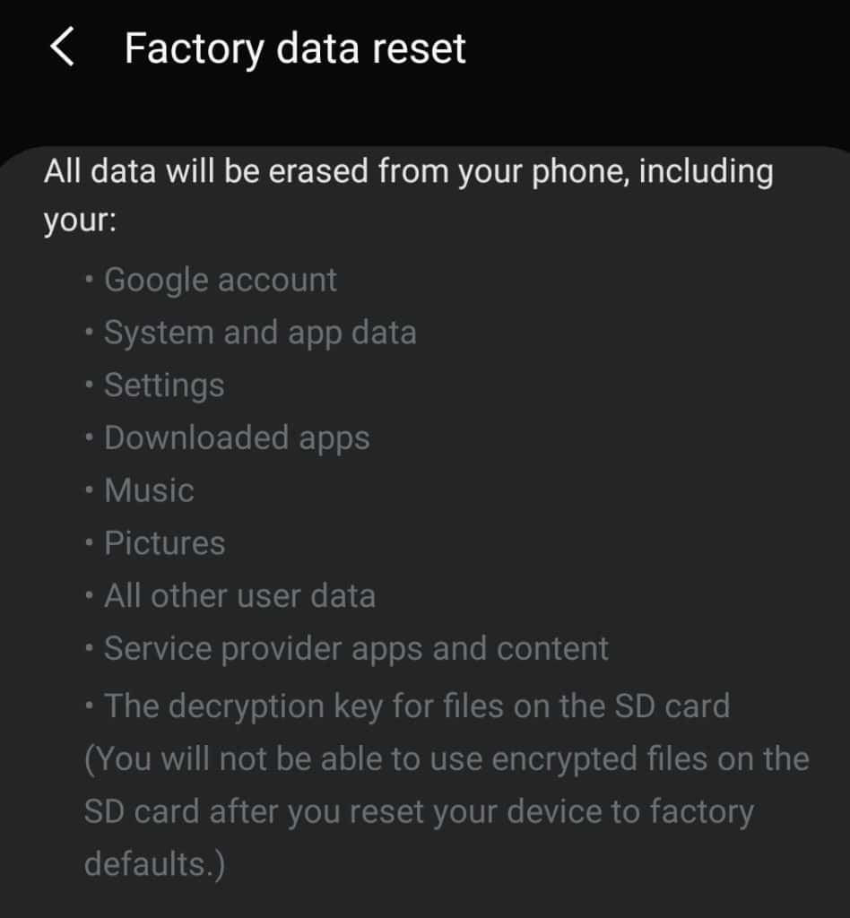 Factory reset options on Android