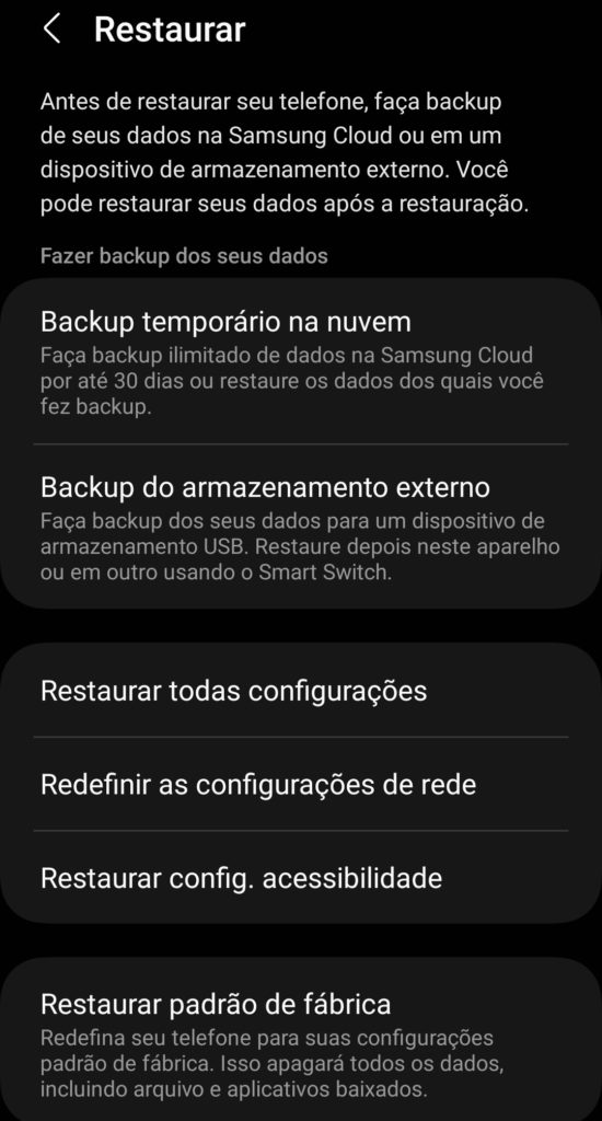 Opções de backup Samsung.