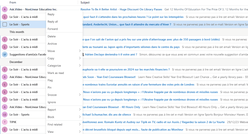 Cliquez avec le bouton droit de la souris sur n'importe quel courriel pour obtenir ce menu déroulant.