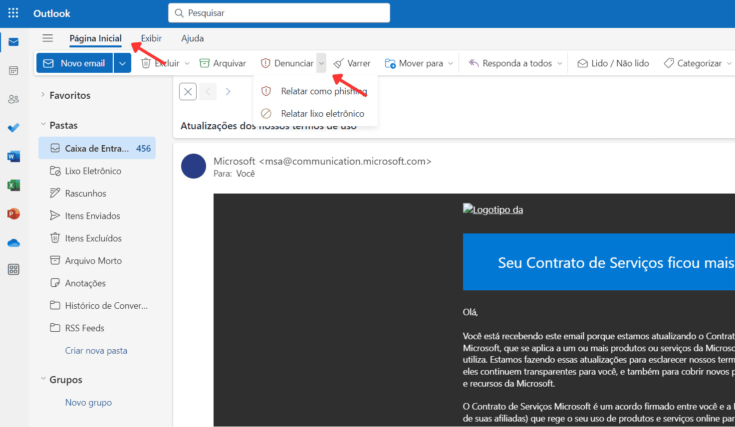 Denunciando um e-mail no Outlook.