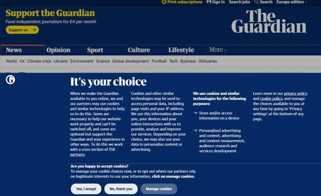 Declaração de privacidade on-line ao visitar o site do The Guardian.