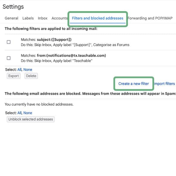 Creating a new filter to whitelist in Gmail