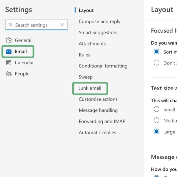 Accessing your junk email settings in Outlook