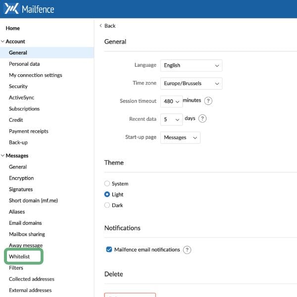 Accessing the Whitelisting options in Mailfence