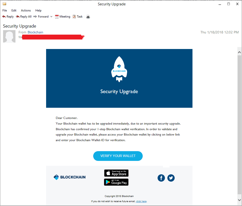 Exemplo de um ataque de phishing de criptomoeda