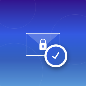 Illustration of white secure email envelope with lock symbol and verification checkmark badge on blue gradient background, symbolizing encrypted business email hosting with verified security protections.