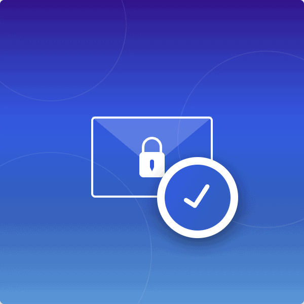 Illustration of white secure email envelope with lock symbol and verification checkmark badge on blue gradient background, symbolizing encrypted business email hosting with verified security protections.