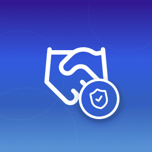 Illustration of business handshake with security shield and checkmark badge on blue gradient background, symbolizing trusted partnerships protected by verified email security for small businesses.