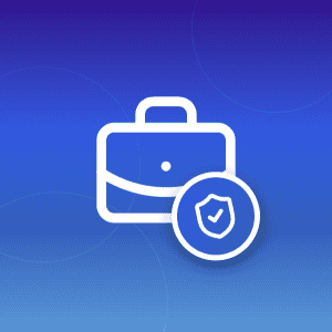 Featured image for enterprise email security showing briefcase icon with shield-check verification badge on wave-patterned gradient background, representing secure business communications and protection against cyber threats.