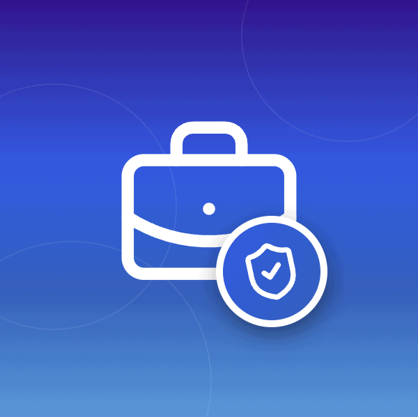 Featured image for enterprise email security showing briefcase icon with shield-check verification badge on wave-patterned gradient background, representing secure business communications and protection against cyber threats.
