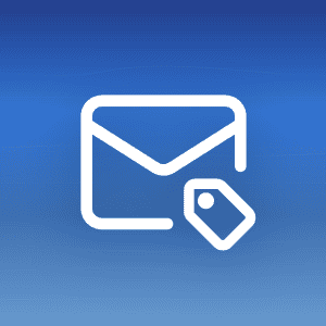 Mail icon + tag badge on blue gradient background