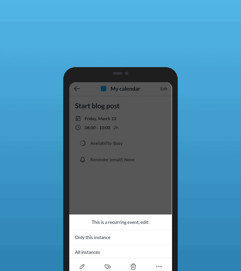 Recurring event deletion options in the Mailfence calendar mobile app