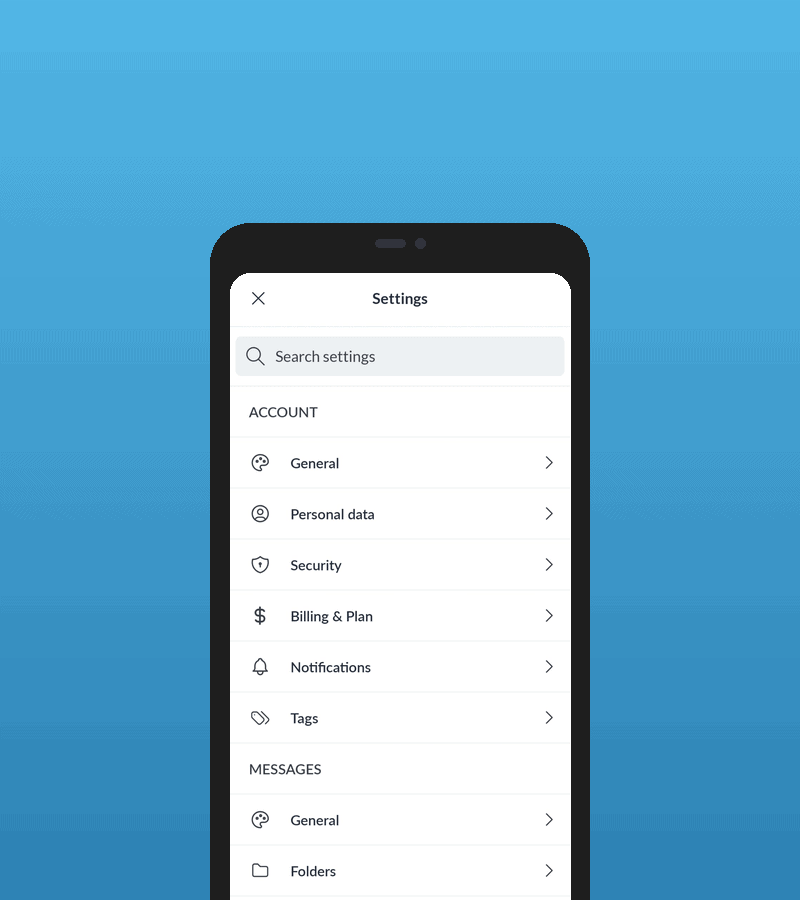 Account settings options in the Mailfence mobile app including password and security preferences