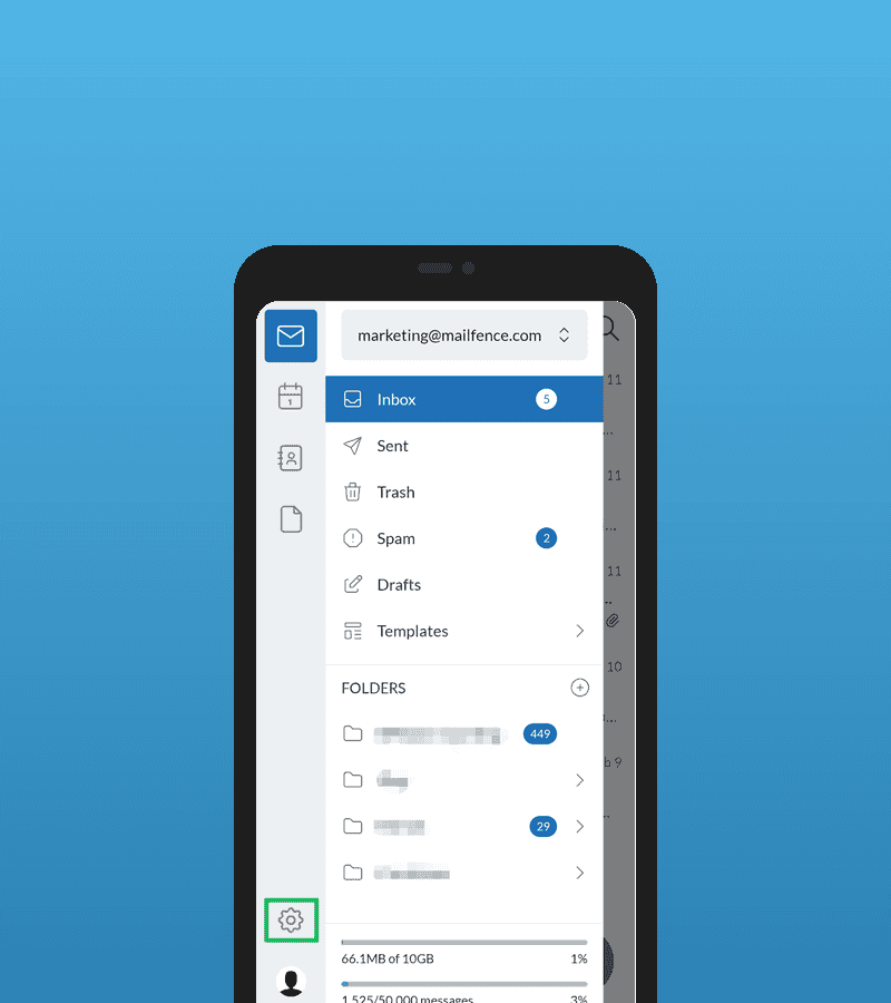 Screenshot: accessing settings from the Mailfence mobile app sidebar menu