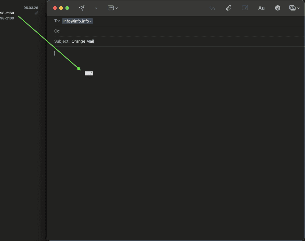 Apple Mail on macOS showing a compose window and a green arrow indicating the drag-and-drop path