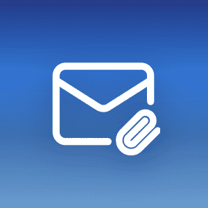 White email envelope icon with a paperclip symbol on a blue gradient background with subtle wave patterns