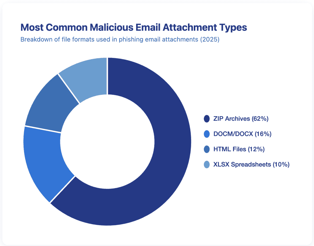 Doughnut chart breaking down malicious email attachment types: ZIP archives 62%, DOCM/DOCX documents 16%, HTML files 12%, and XLSX spreadsheets 10%.
