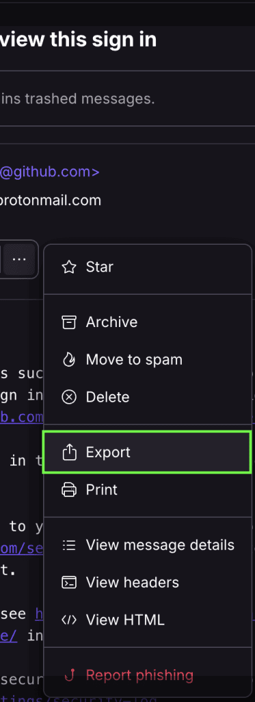 Proton Mail web app showing the three-dot menu expanded with the Export option highlighted in a green box
