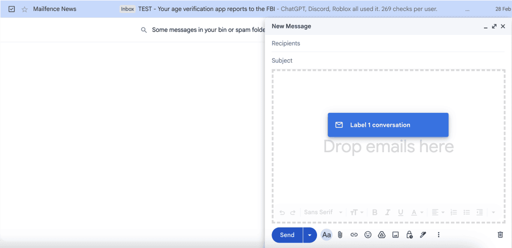 Gmail interface showing an email being dragged from the inbox into a New Message compose window
