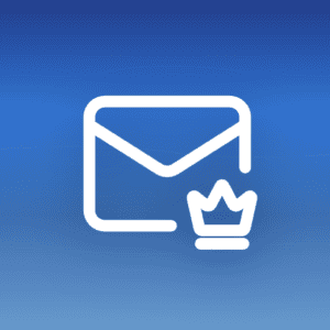 Illustration of an email envelope icon with an integrated crown icon on a blue gradient background with wave patterns