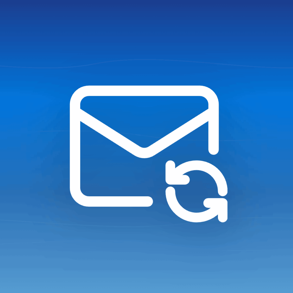 Illustration of an email envelope icon with sync arrows on a blue gradient background with wave patterns, symbolizing IMAP email synchronization across devices