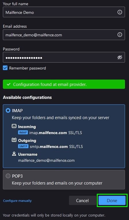 Thunderbird setup screen showing a successfully configured Mailfence IMAP account with imap.mailfence.com as the incoming server and smtp.mailfence.com as outgoing, both using SSL/TLS, with a green "Configuration found at email provider" message and the Done button highlighted.