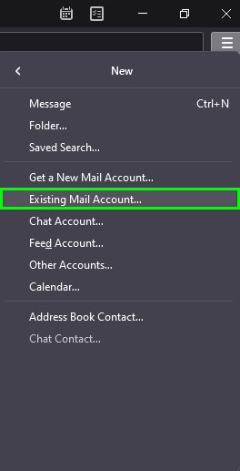 Thunderbird New menu dropdown with "Existing Mail Account" highlighted, the option used to add a Mailfence IMAP account to the desktop client.