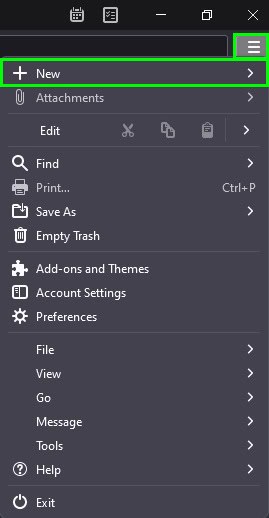 Thunderbird hamburger menu with the "New" option highlighted, showing the first step to set up an IMAP account in the desktop email client.