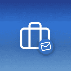 Illustration of a briefcase with a mail envelope on a blue gradient background with wave patterns, symbolising the business of reselling email hosting services.
