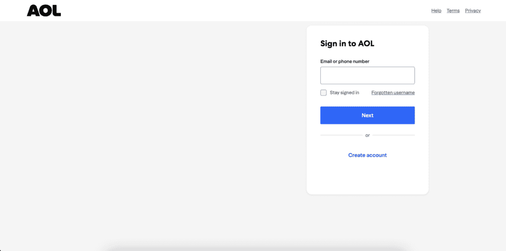 AOL Mail sign-up page for creating a free email account
