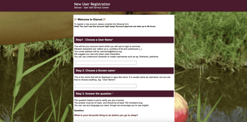 Disroot registration page for creating a free open-source email account