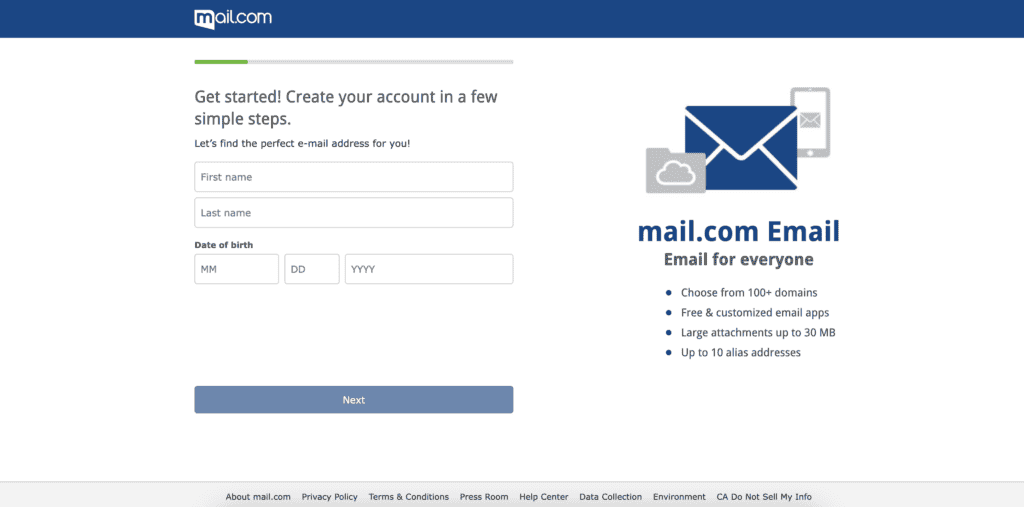 Mail.com sign-up page showing 200+ free domain options