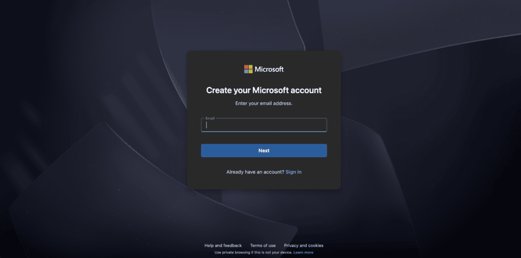 Outlook sign-up page for creating a free Microsoft email account