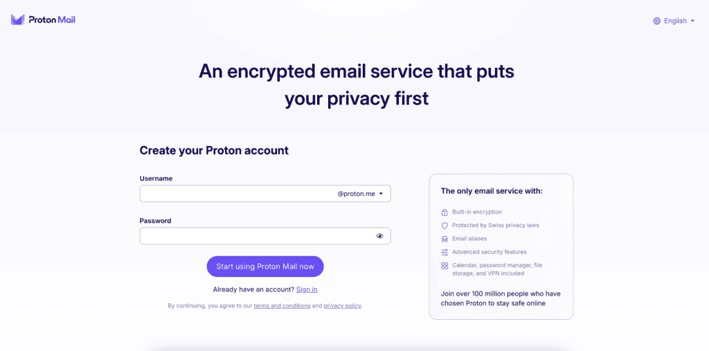 Proton Mail sign-up page for creating a free encrypted email account