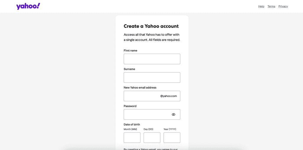 Yahoo Mail sign-up page for creating a free email account