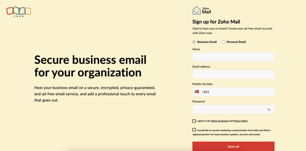 Zoho Mail sign-up page for creating a free business email account