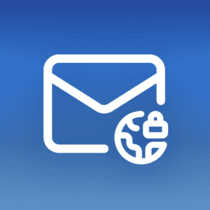 Illustration of a mail envelope icon with an earth-lock badge on a blue gradient background with wave patterns, symbolising secure email protection against EU Chat Control surveillance