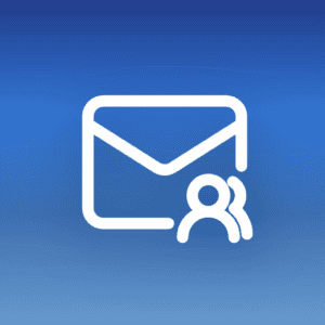 Illustration of an email envelope icon with a group icon on a blue gradient background with wave patterns, symbolizing white label email marketing where agencies rebrand campaign software as their own.