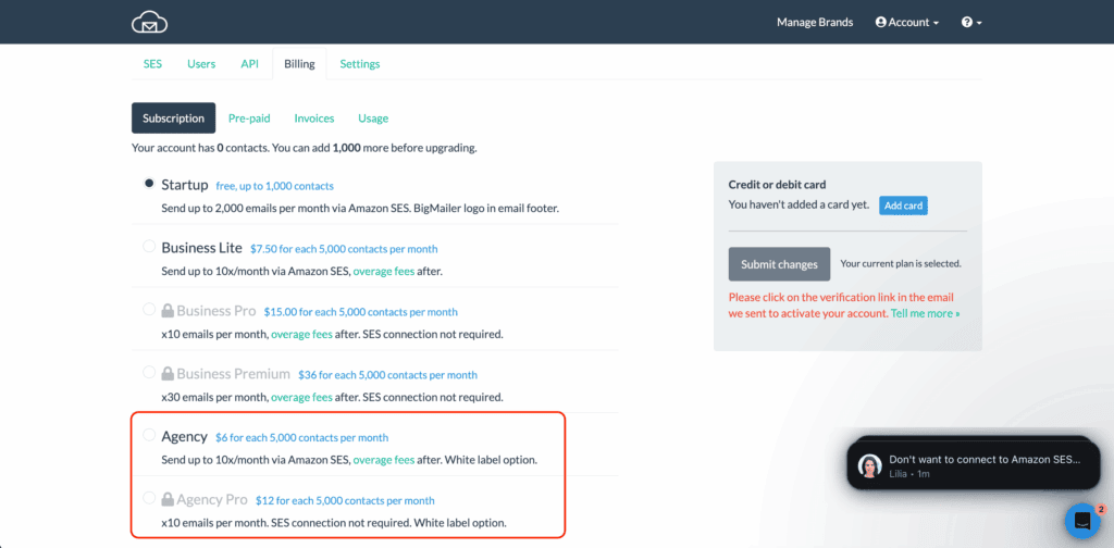 Dashboard screenshot of the white label email marketing platform BigMailer