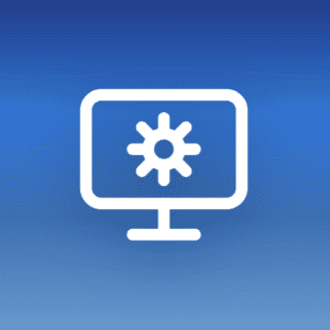 Illustration of a screen and cog icon on a blue gradient background with wave patterns, symbolizing white label email marketing platforms for agencies.